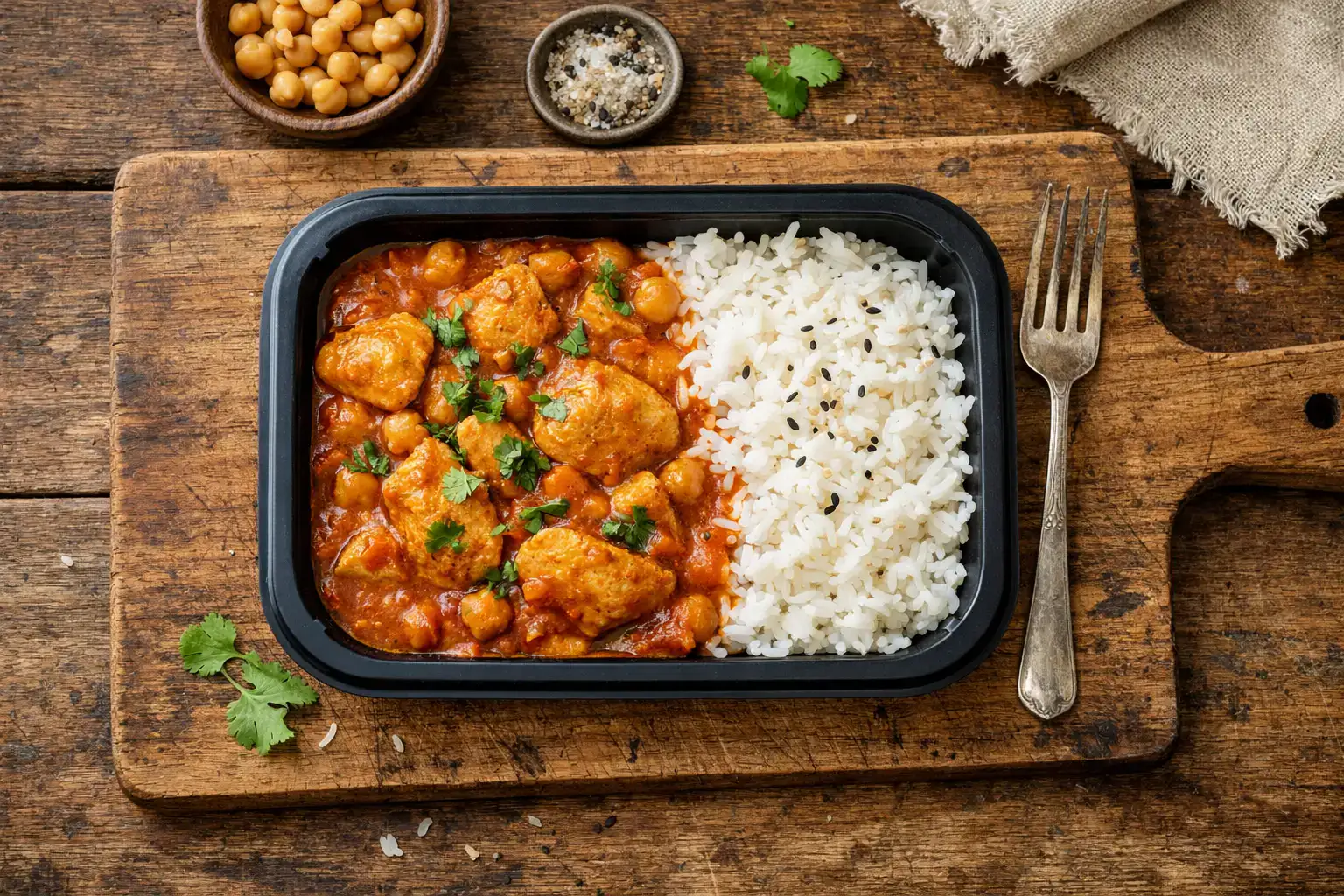 Tesco High Protein Chicken Curry sur une table en bois rustique - 350 calories par portion