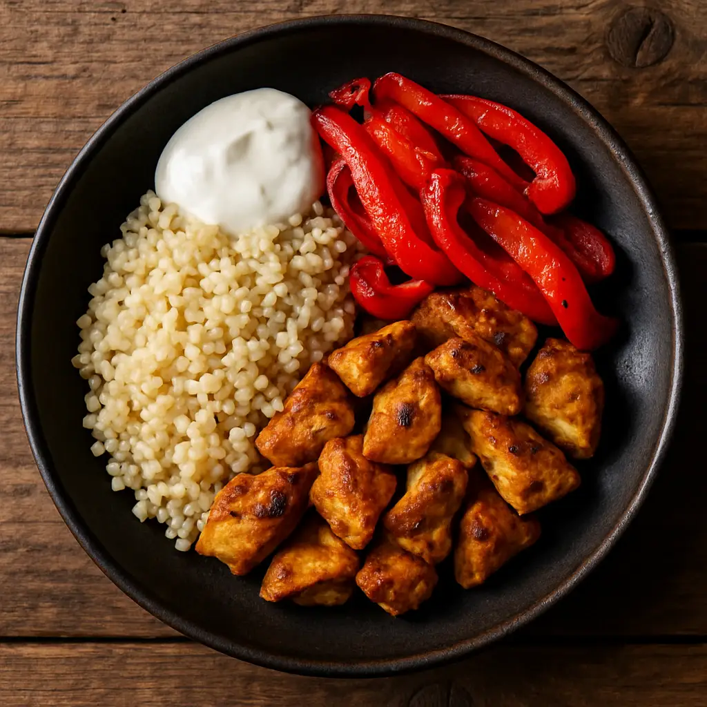Tesco High Protein Chicken Shawarma ready meal in a bowl with bulgur wheat, roasted peppers and marinated chicken breast, overhead natural light