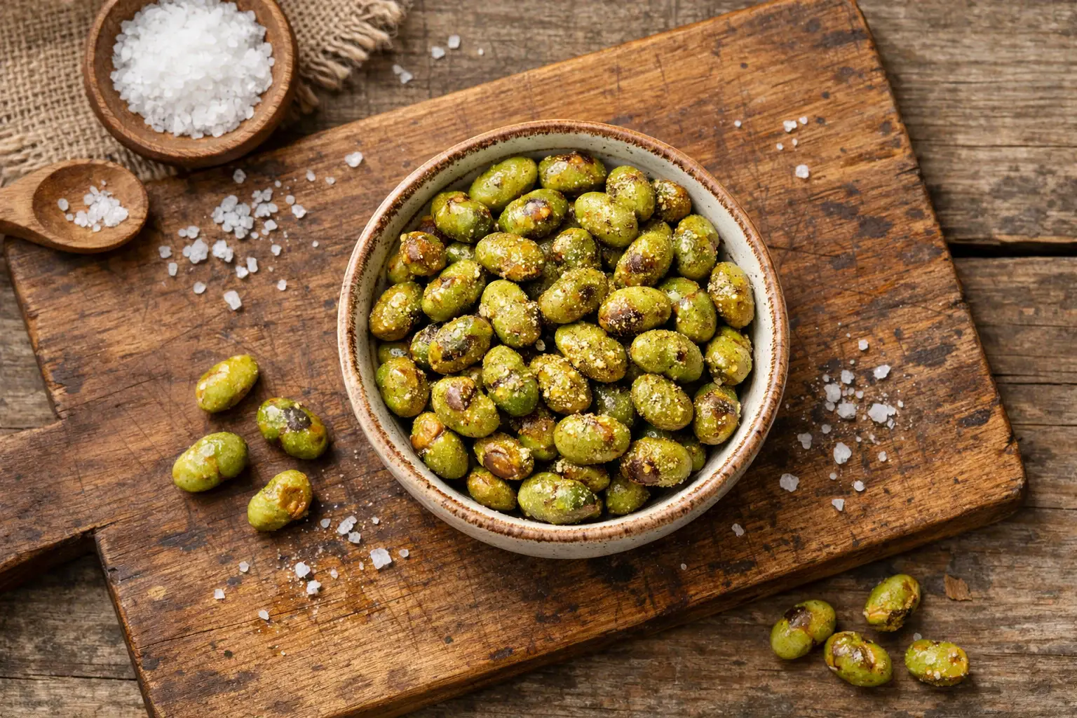 Fresh crunchy roasted edamame on rustic wooden table - 130 calories per 28g serving