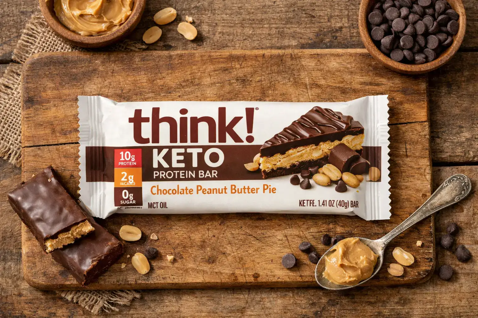 think! Keto Protein Bar Chocolate Peanut Butter Pie रस्टिक लकड़ी की टेबल पर - प्रति बार 180 कैलोरी