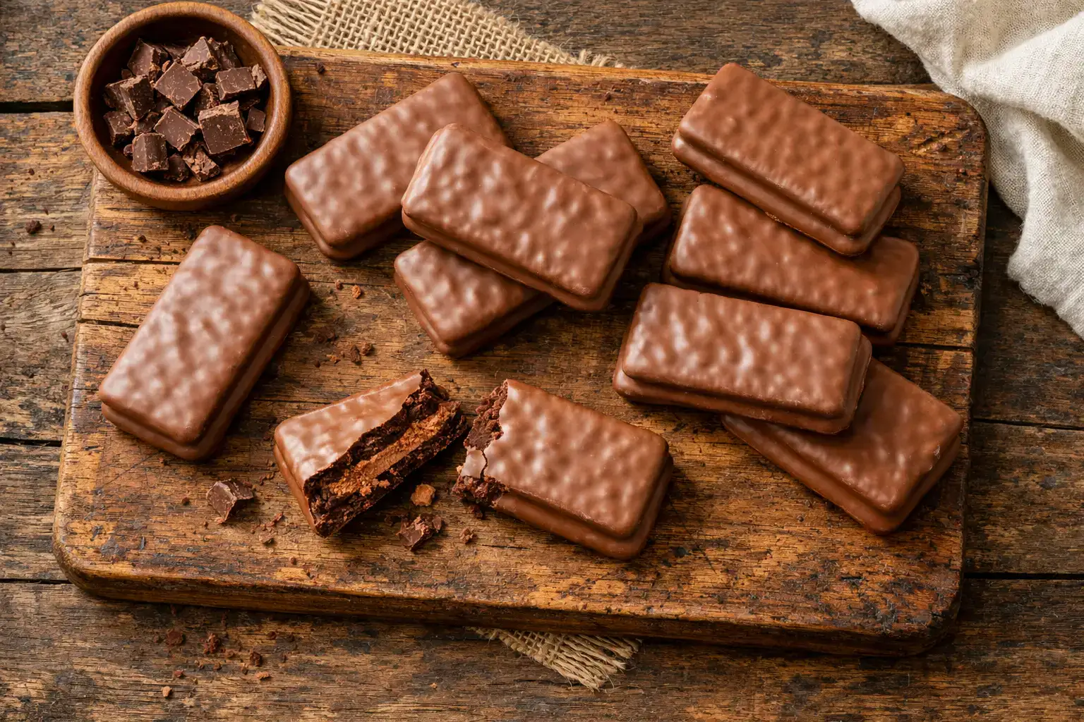 Biscuits au chocolat Tim Tam sur planche en bois - 96 calories par biscuit