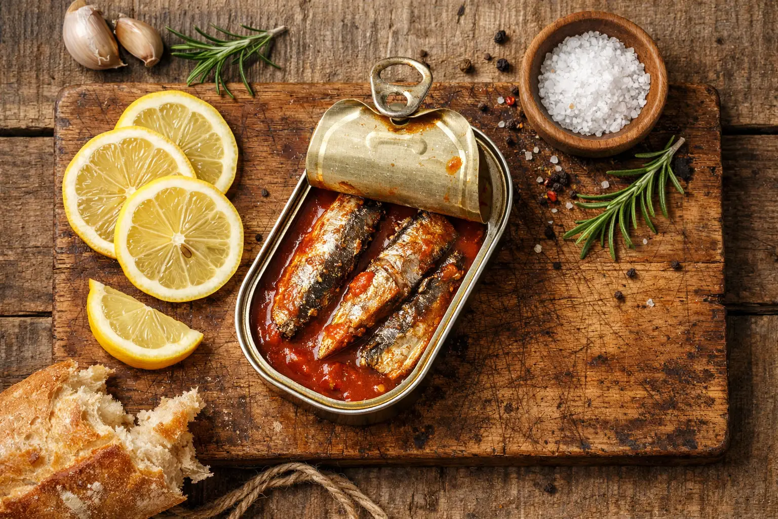 Frische Dosemakrele auf rustikalem Holztisch - 156 Kalorien pro 100 g