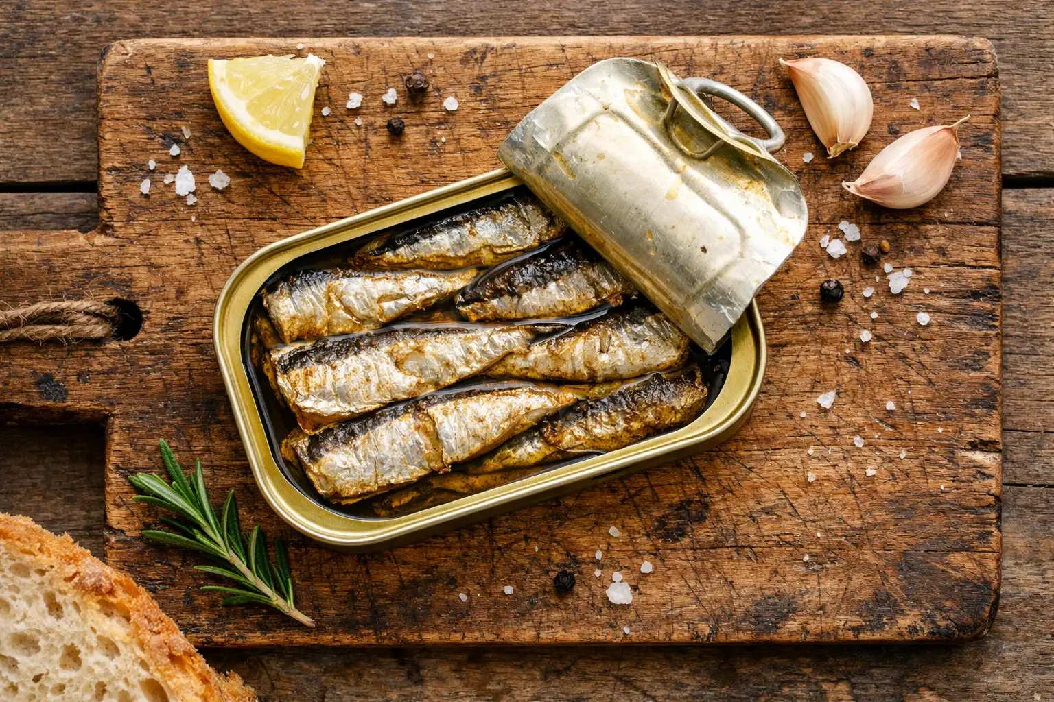 Fresh tinned sardines in olive oil on rustic wooden table - 208 calories per 100g drained