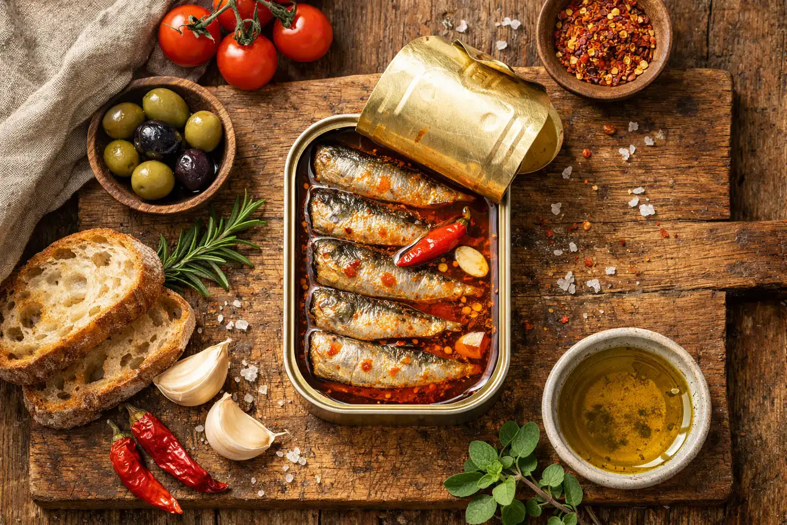 Fresh tinned sardines in spicy olive oil on rustic wooden table - 220 calories per 100g