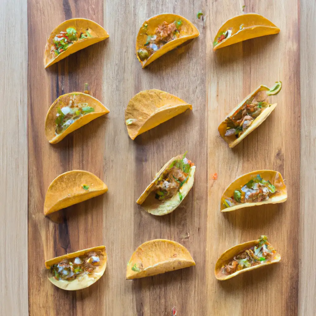 Fresh tiny tacos on rustic wooden table - 85 calories per mini taco