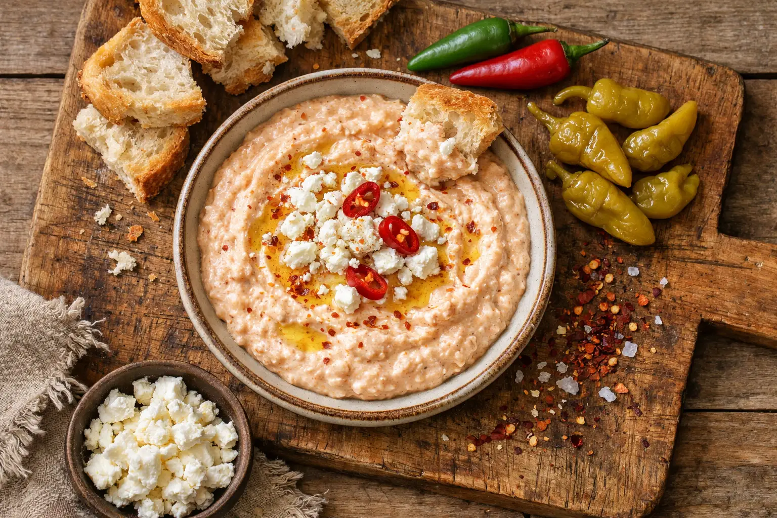 Frischer Tirokafteri griechischer Feta-Dip auf rustikalem Holztisch - 75 Kalorien pro Portion von 2 Esslöffeln