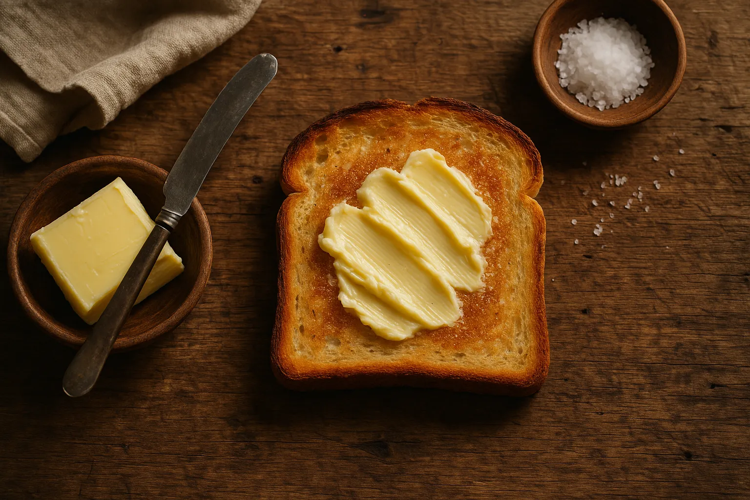 Fresh toast with butter on rustic wooden table - 230 calories per 2 slices