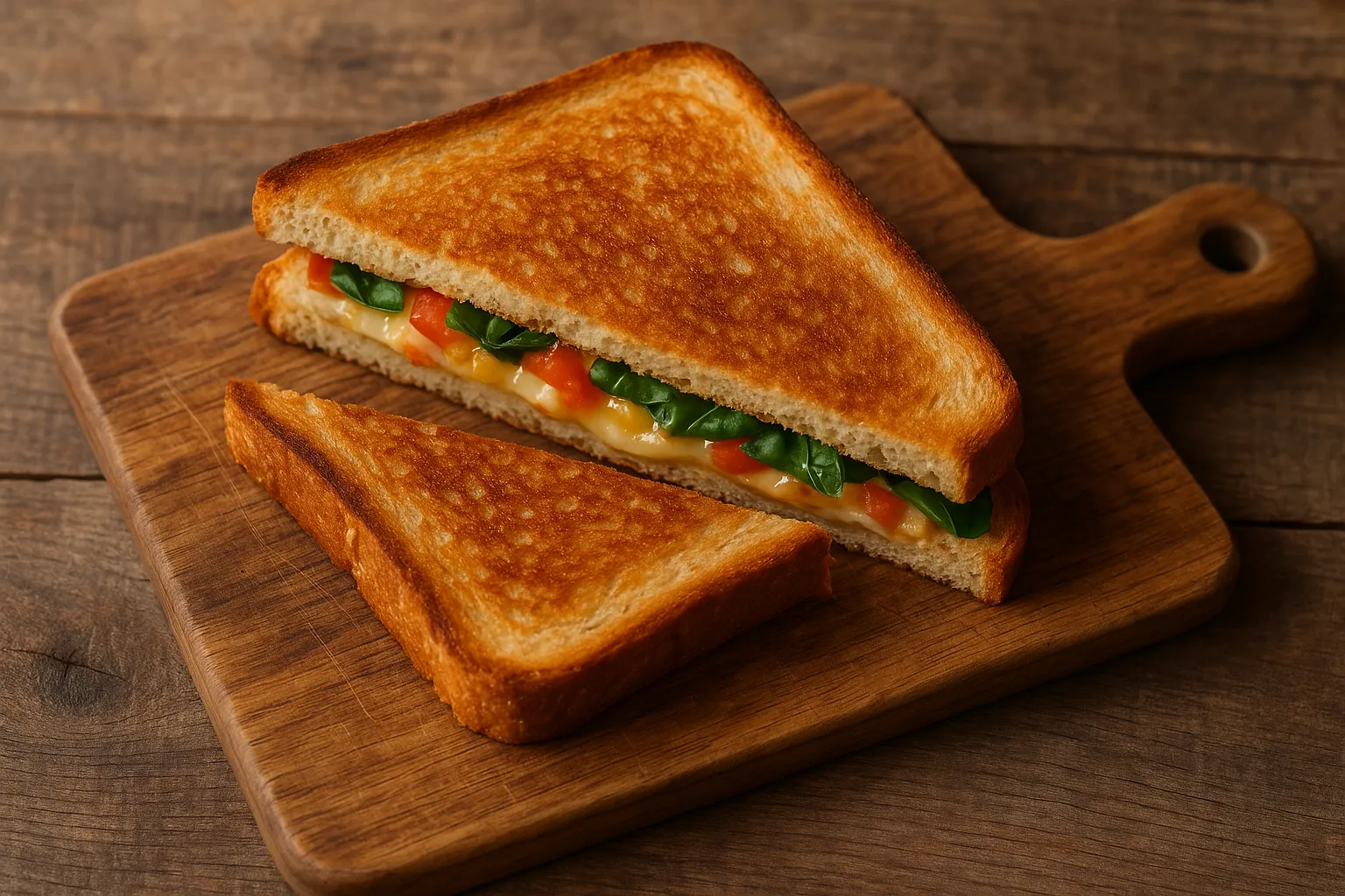 Fresh toasted sandwich on rustic wooden table - 265 calories per 100g