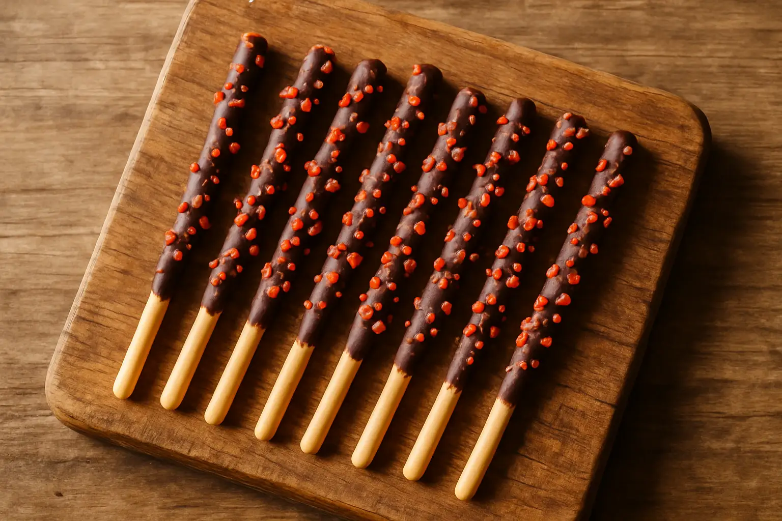 Overhead view of Tokimeki biscuit sticks with popping candy on a wooden board