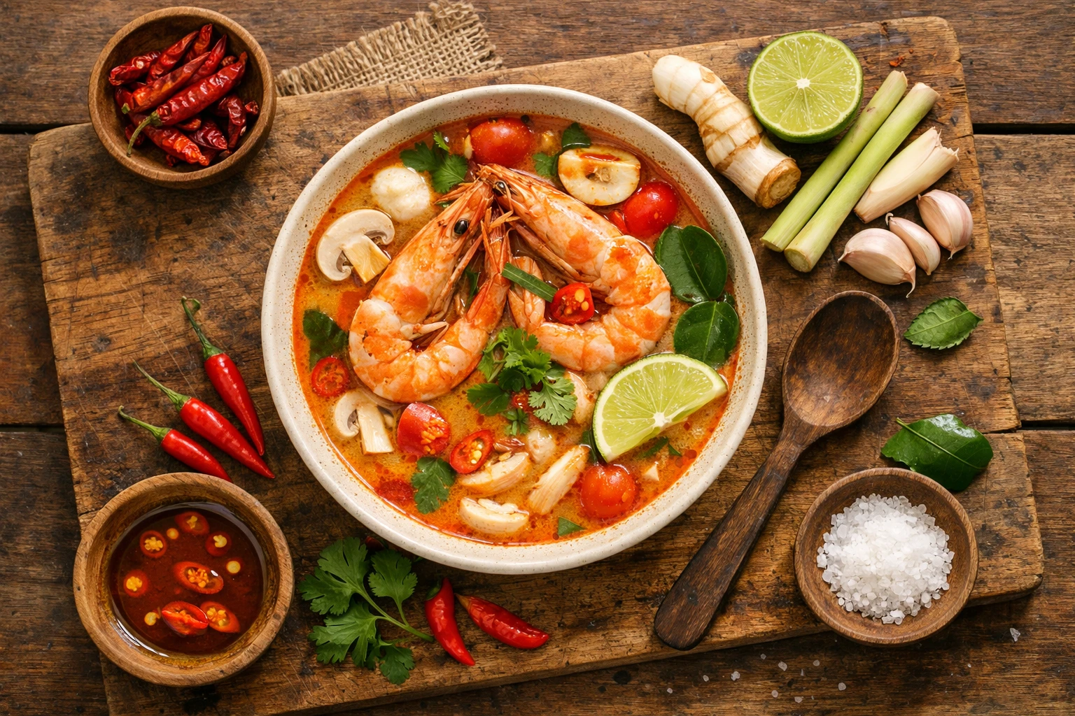 Fresh tom yum goong on rustic wooden table - 180 calories per bowl