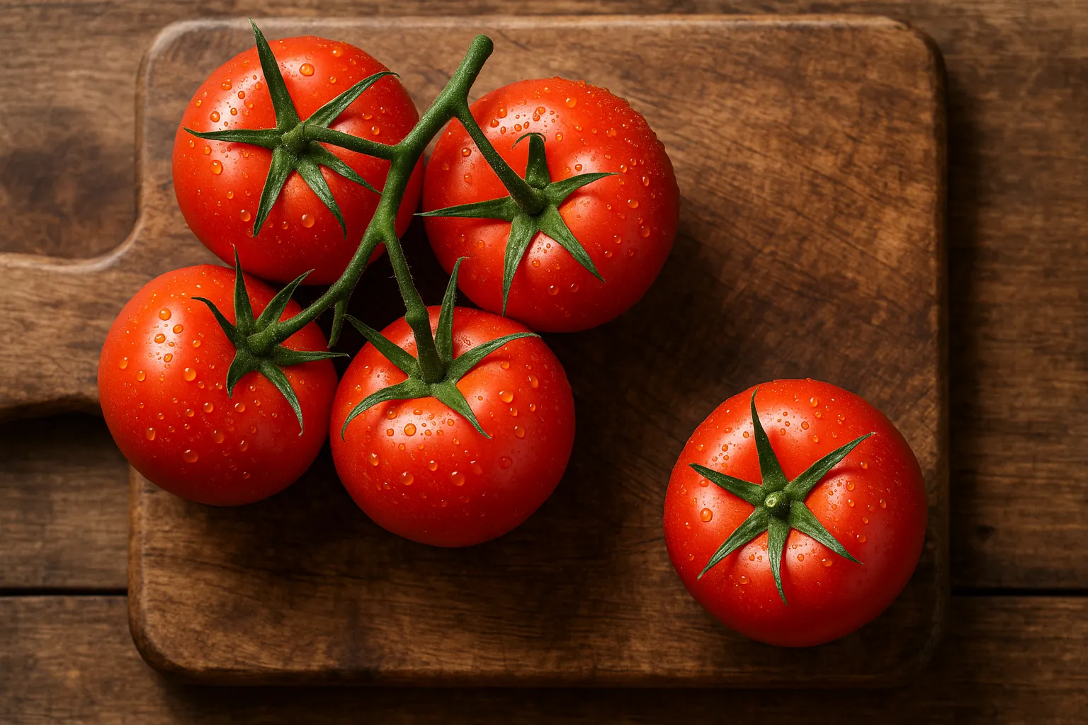 Tomates fraîches sur table en bois rustique - 22 calories par tomate moyenne