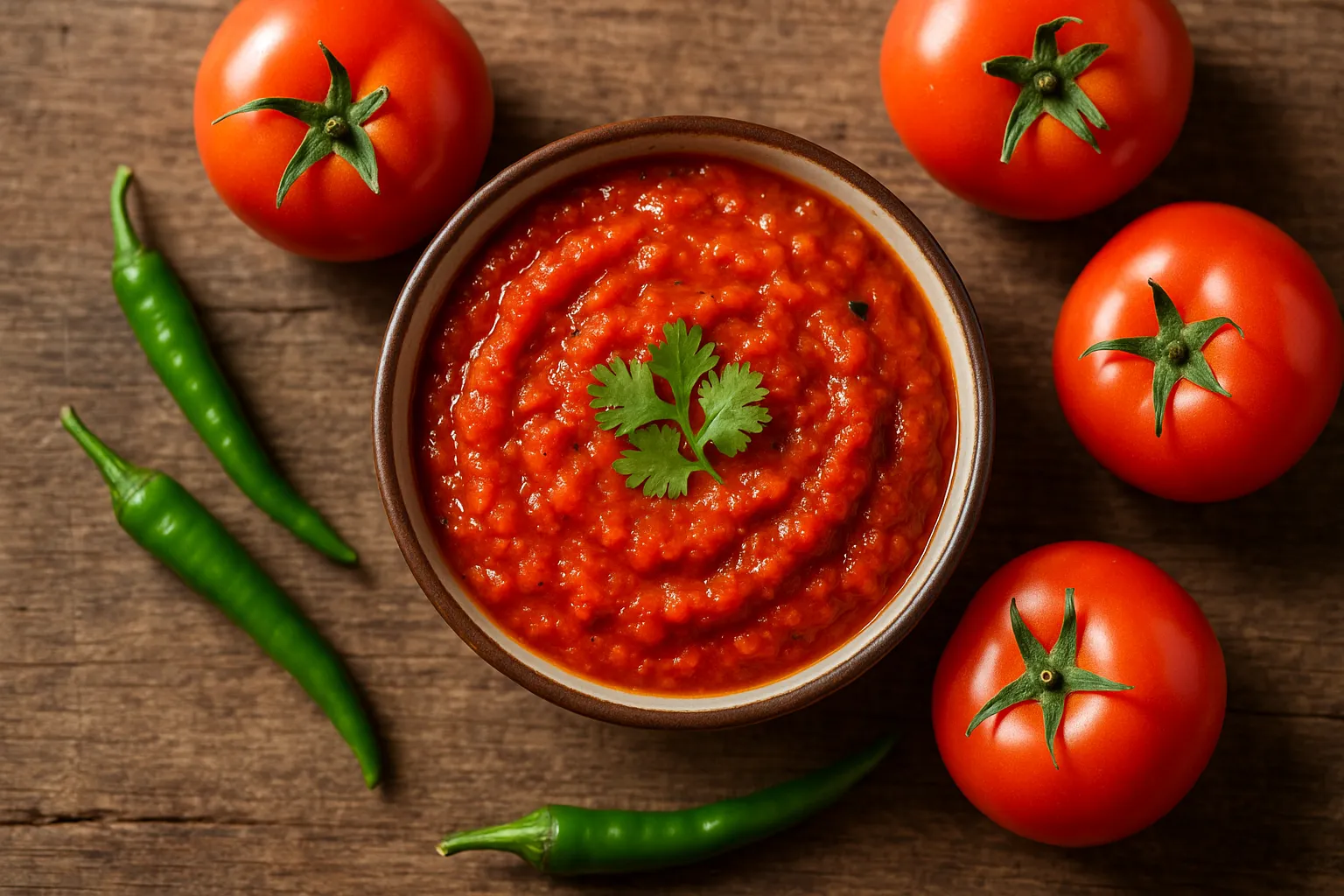 Fresh tomato chutney on rustic wooden table - 45 calories per 2 tablespoons