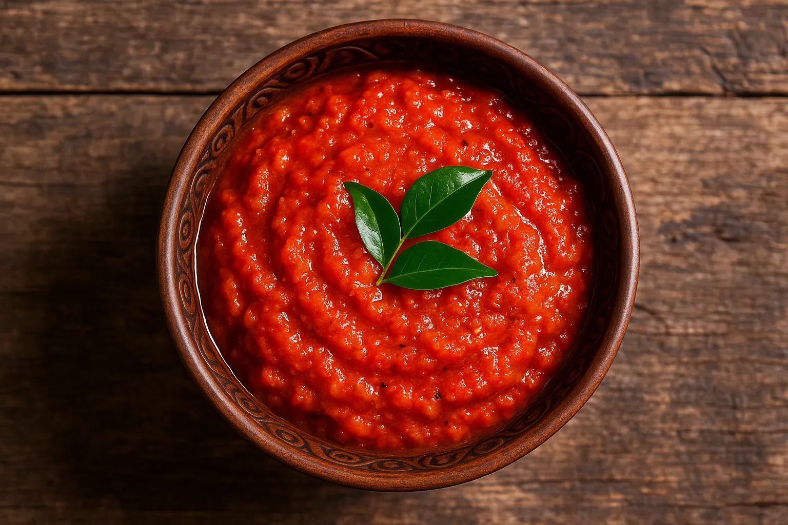 Fresh tomato chutney on rustic wooden table - 45 calories per 2 tablespoons