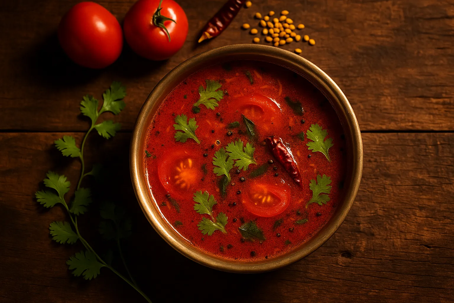 Fresh tomato rasam in traditional steel bowl - 50 calories per serving
