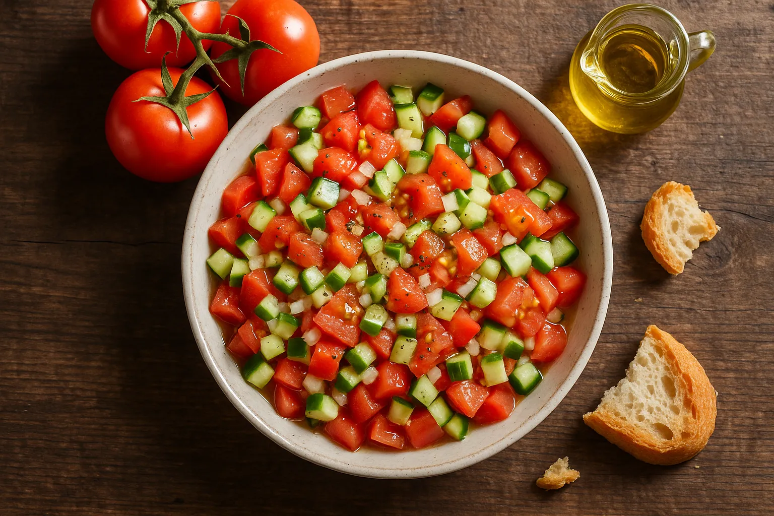 Fresh tomato salad on rustic wooden table - 80 calories per cup