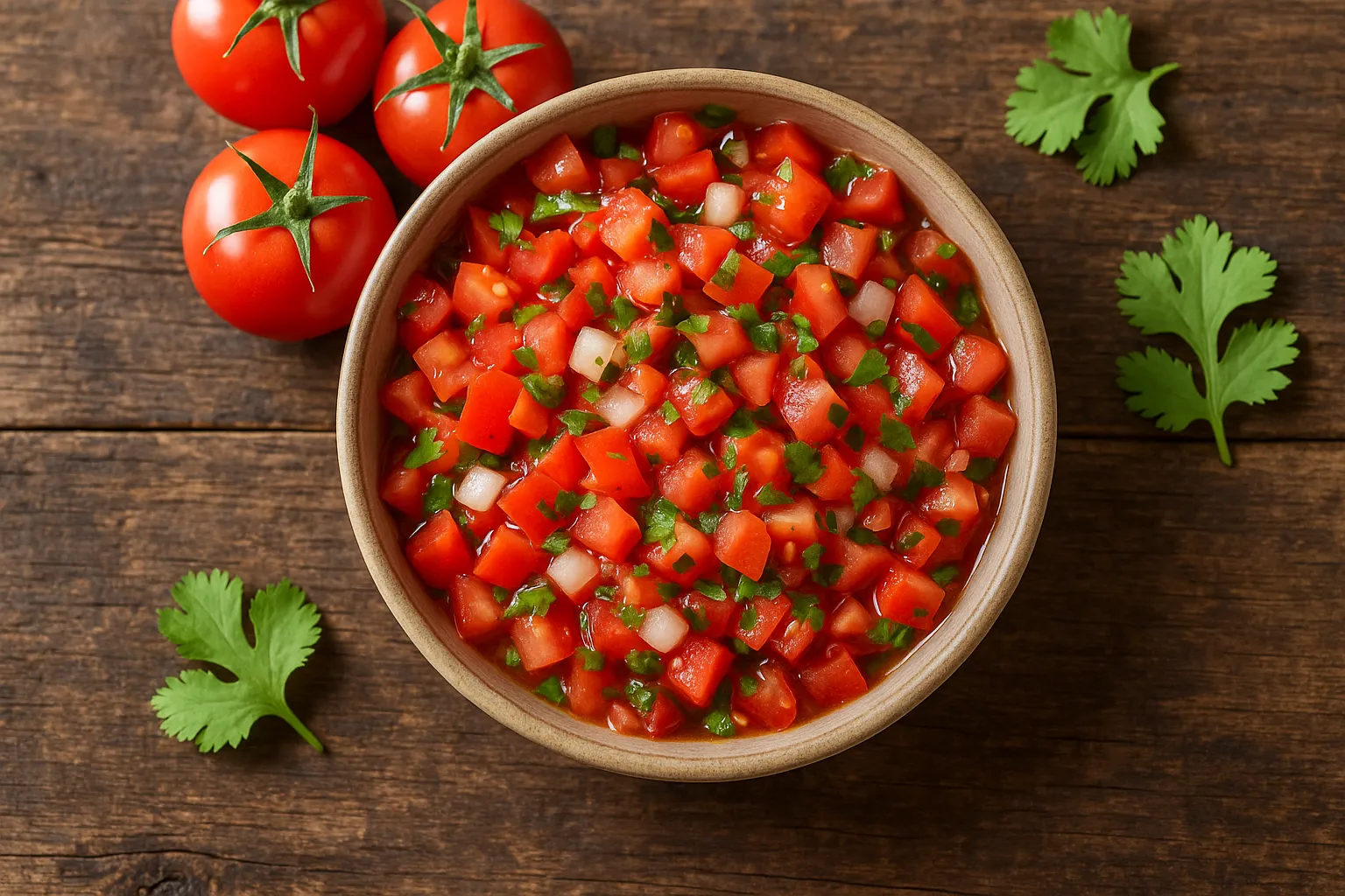Fresh tomato salsa on rustic wooden table - 36 calories per 100g
