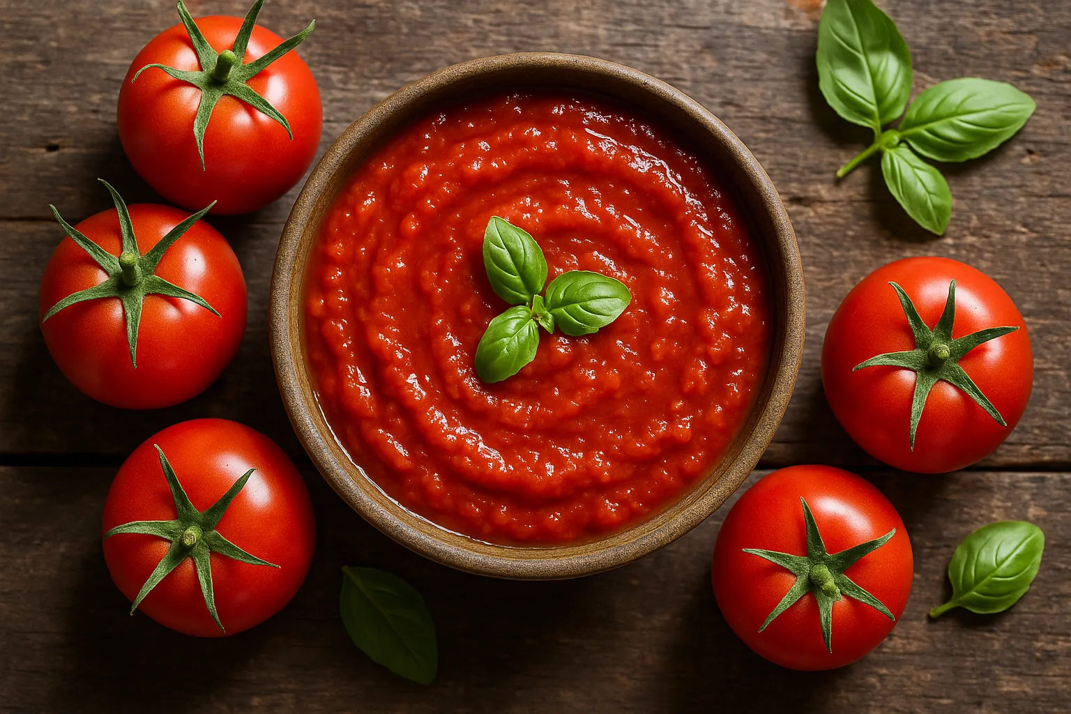Fresh tomato sauce on rustic wooden table - 29 calories per 100g