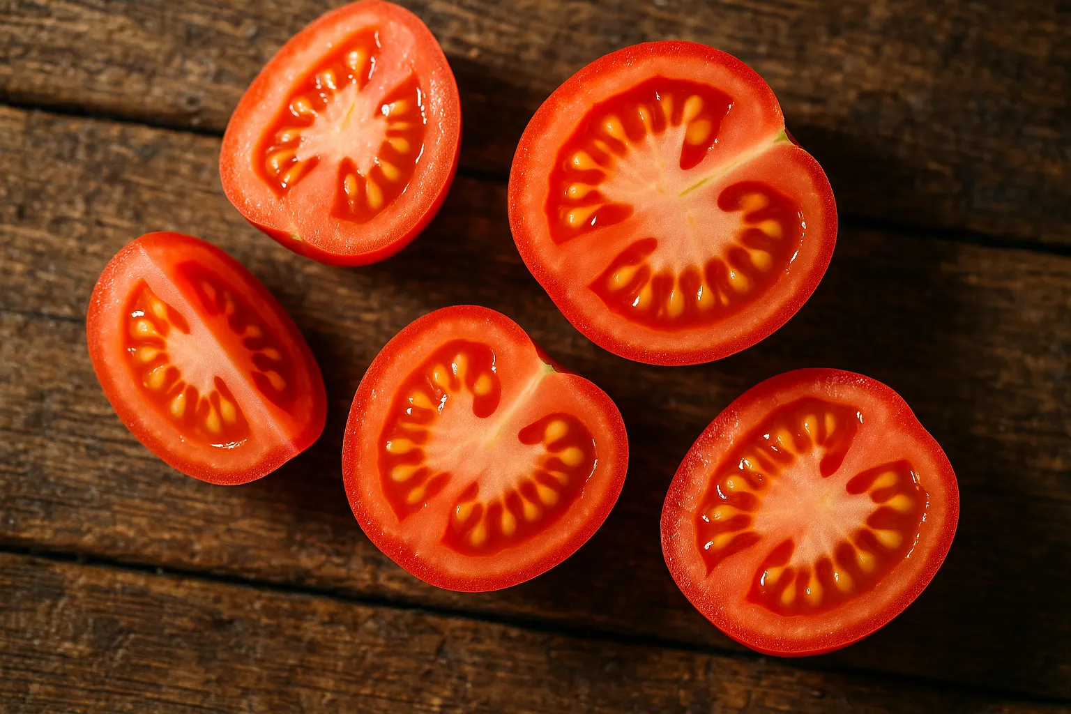 Fresh tomato slice on rustic wooden table - 4 calories per slice