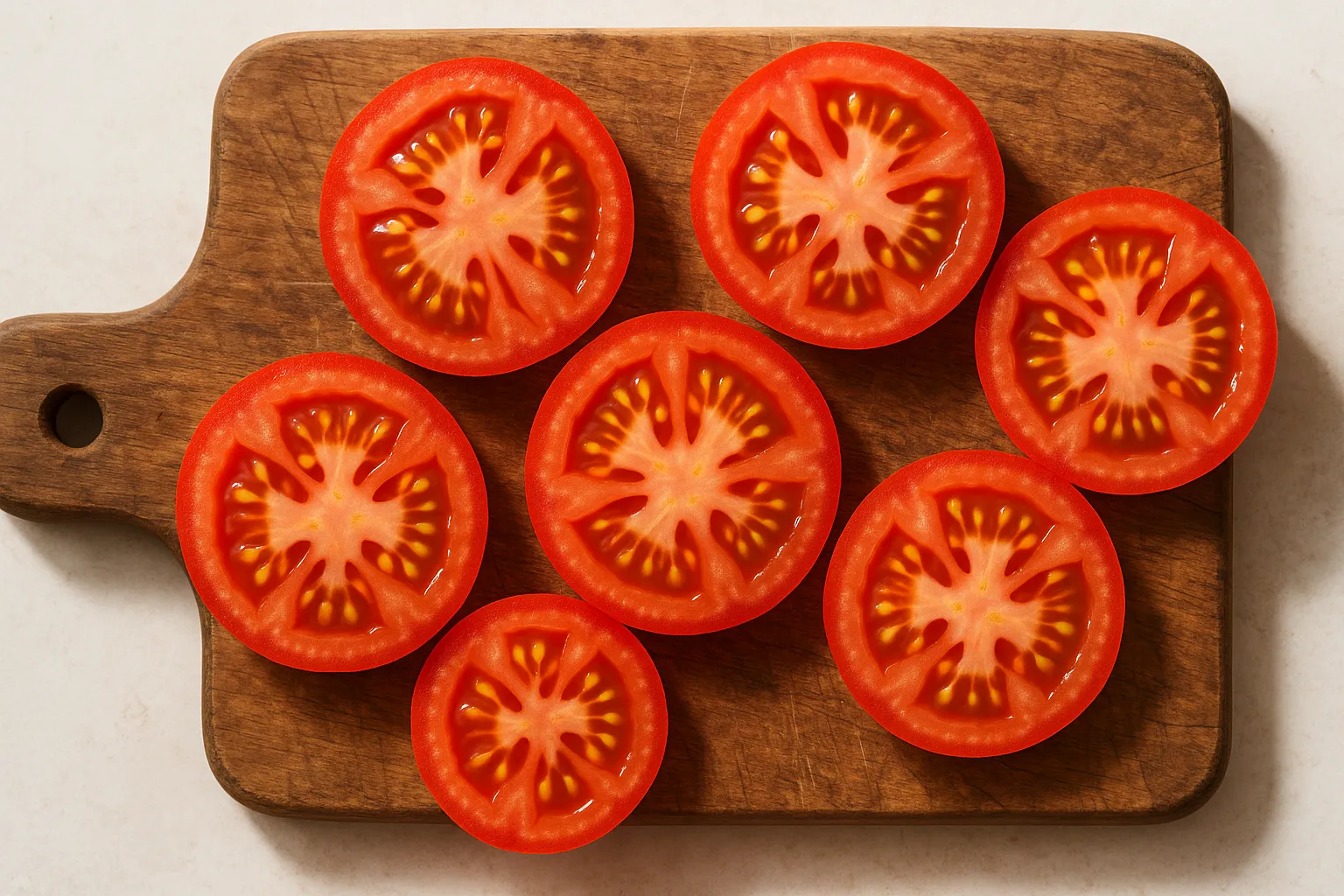 Fresh tomato slices on rustic wooden table - 32 calories per cup