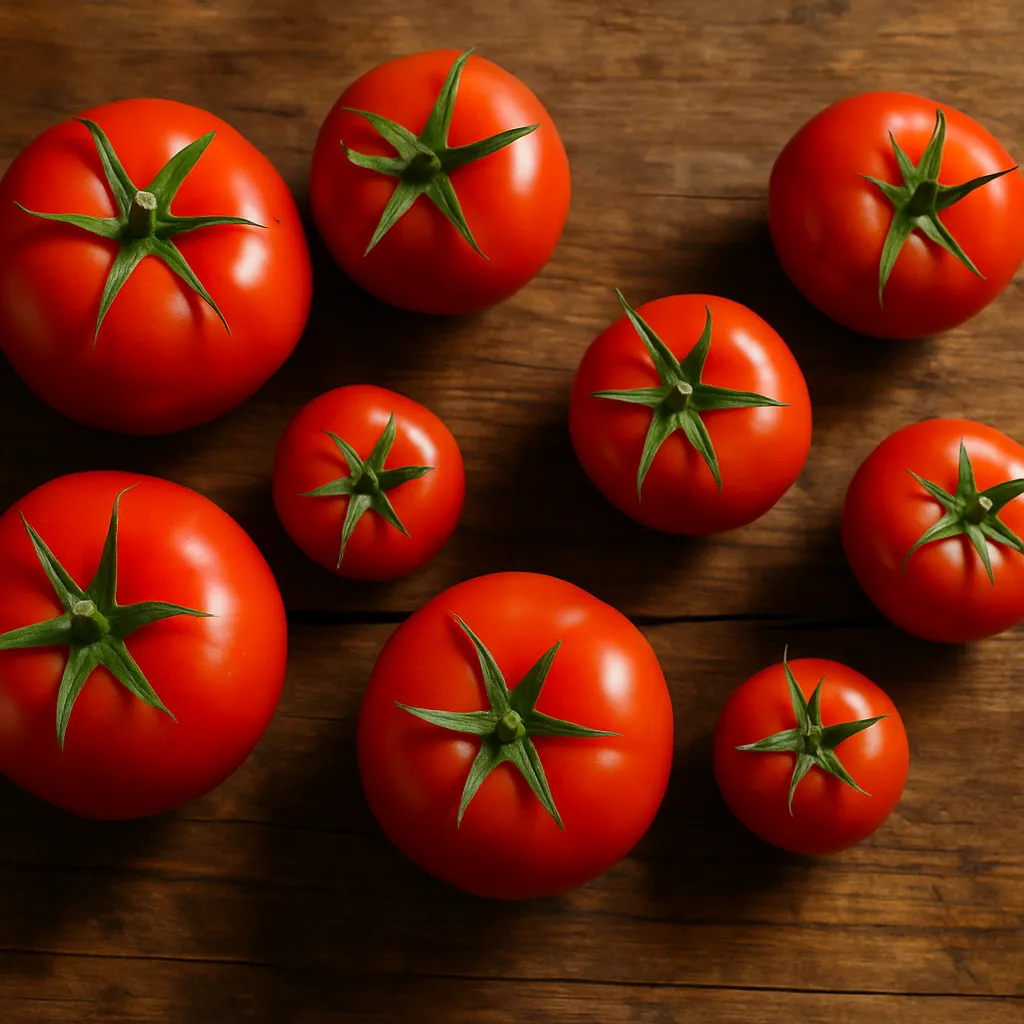 Fresh tomatoes on rustic wooden table - 23 calories per medium tomato