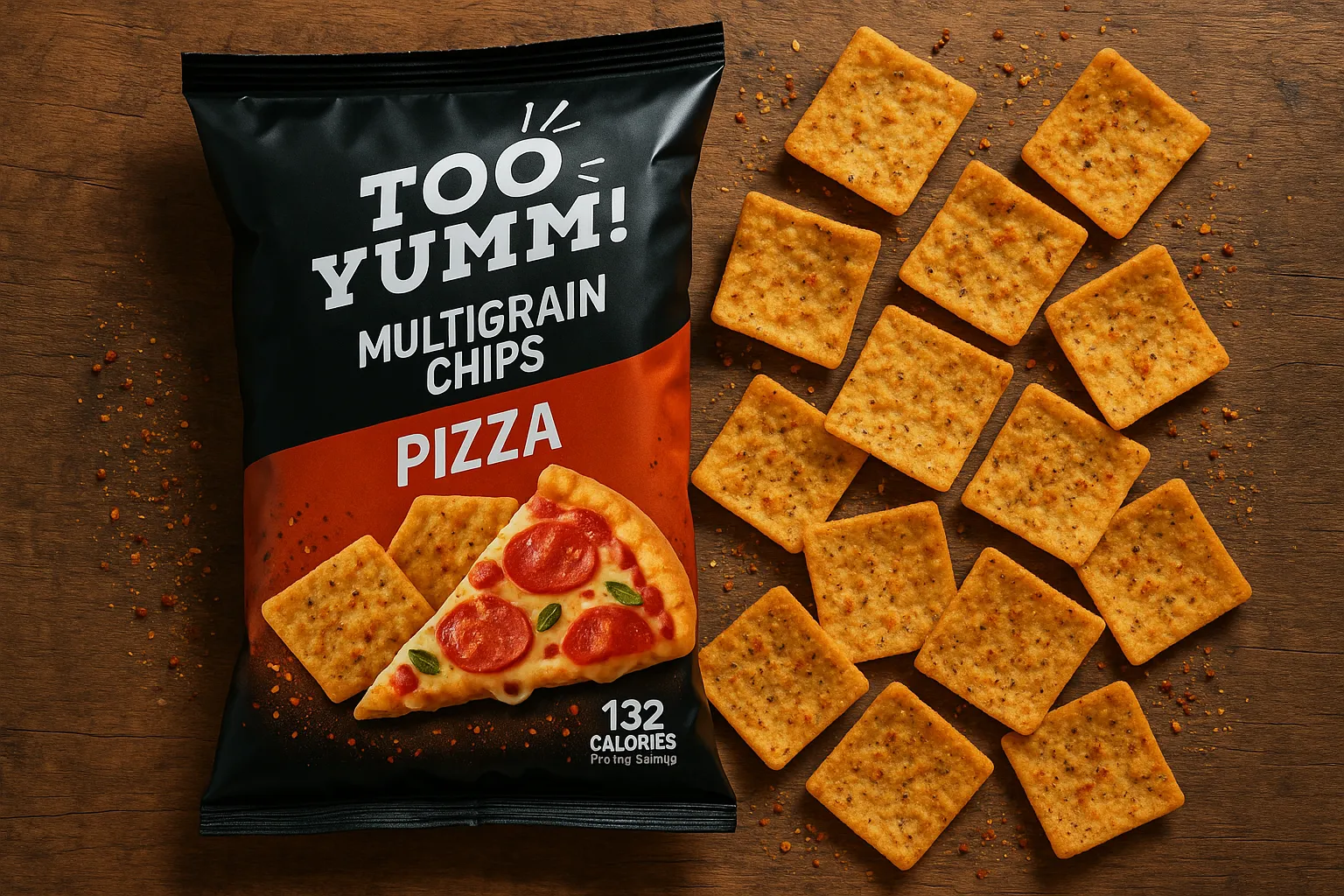 Too Yumm Multigrain Chips Pizza on rustic wooden surface - 132 calories per 40g serving