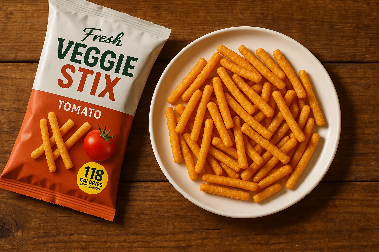 Too Yumm Veggie Stix Tomato on white plate - 118 calories per 35g serving