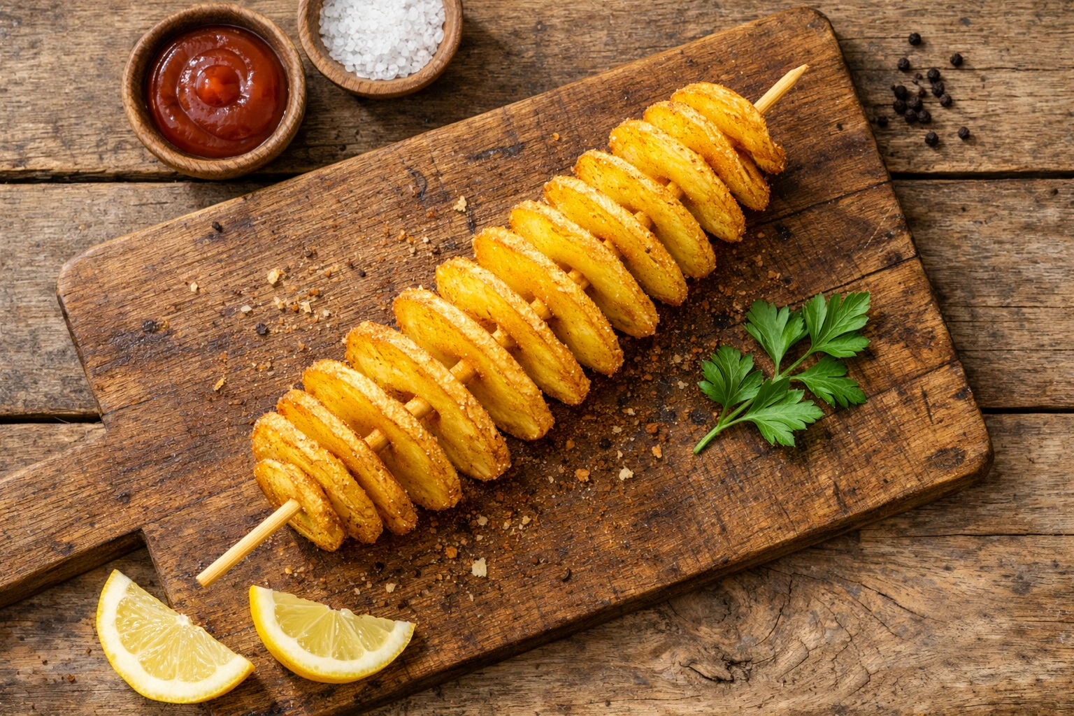 Fresh tornado potato on rustic wooden table - 212 calories per stick
