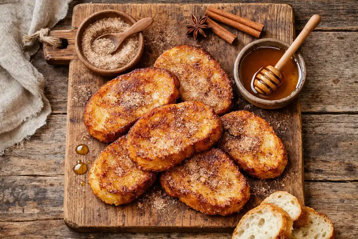 Frische Torrijas, spanischer Armer Ritter auf rustikalem Holztisch - 280 Kalorien pro Scheibe