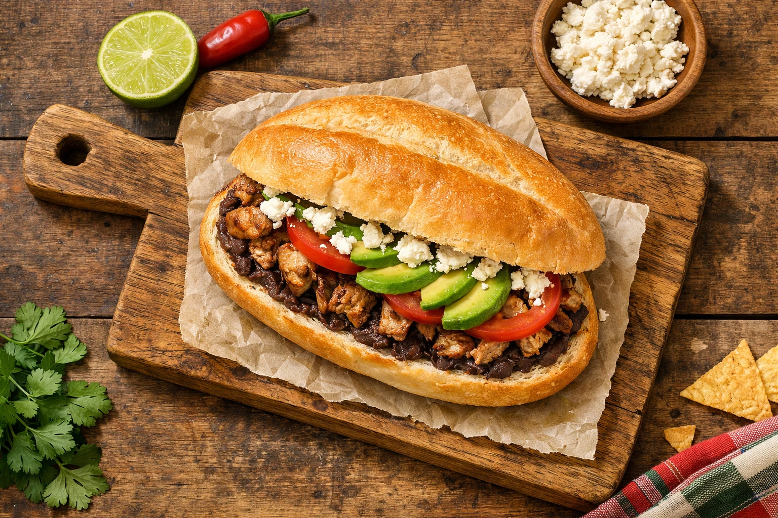 Fresh Mexican torta sandwich on rustic wooden table - 550 calories per sandwich