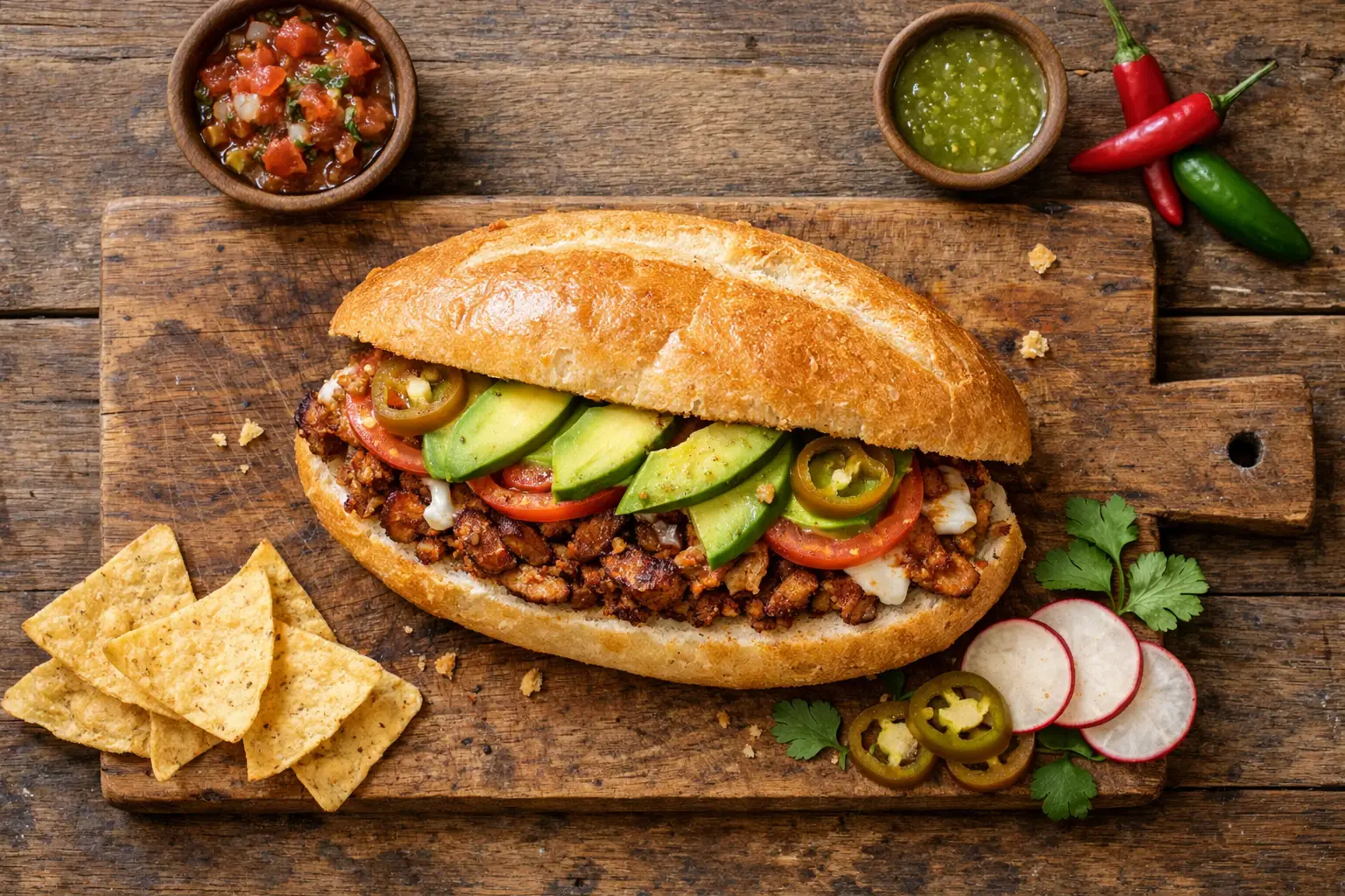 Fresh Mexican torta sandwich on rustic wooden table - 650 calories per sandwich