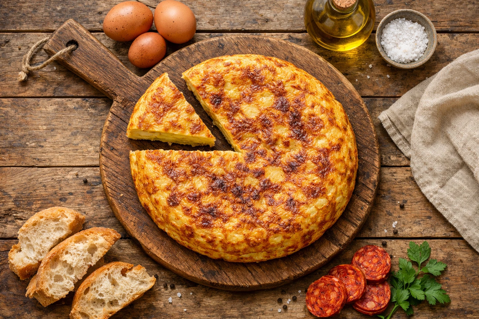 लकड़ी की टेबल पर ताज़ा टोर्टिला एस्पानोला - 100g में 150 कैलोरी