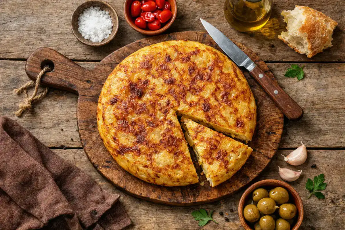 Fresh tortilla espanola on rustic wooden table - 126 calories per 100g