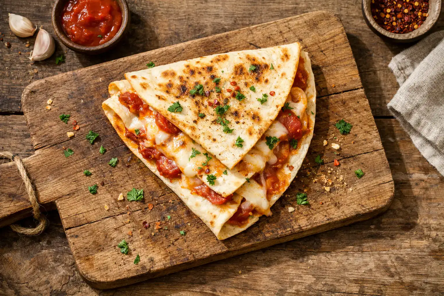 Fresh tortilla pizza wrap on rustic wooden table - 350 calories per wrap
