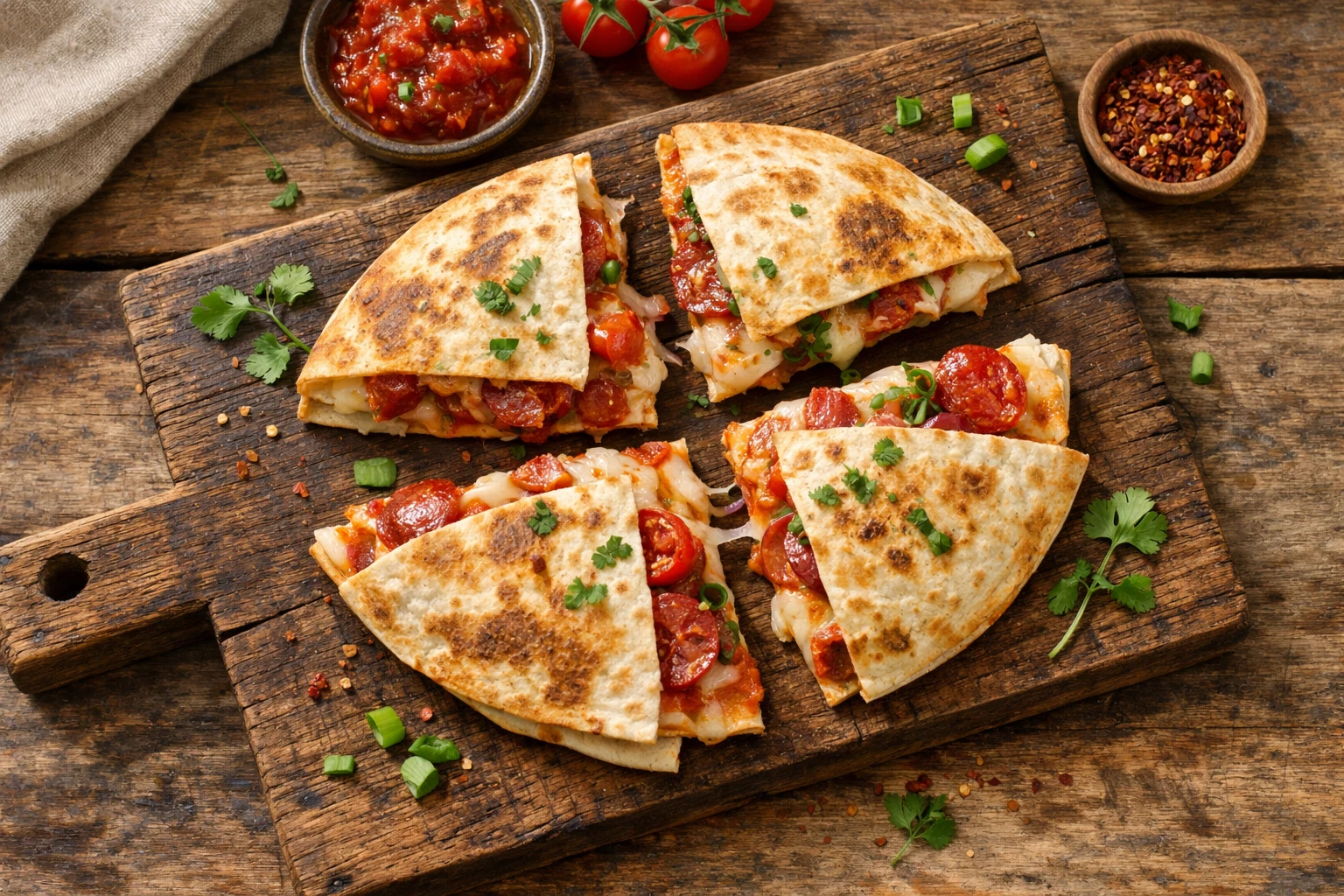 Wrap pizza à la tortilla frais sur table en bois rustique - 350 calories par wrap