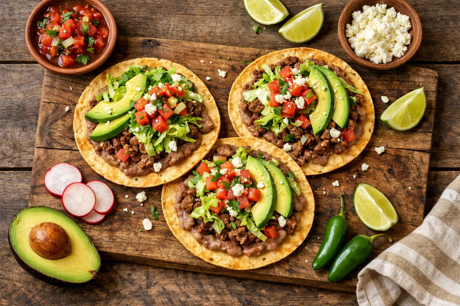 देहाती लकड़ी की मेज पर ताज़ी टोस्टाडास - 280 कैलोरी प्रति टॉप्ड टोस्टाडा