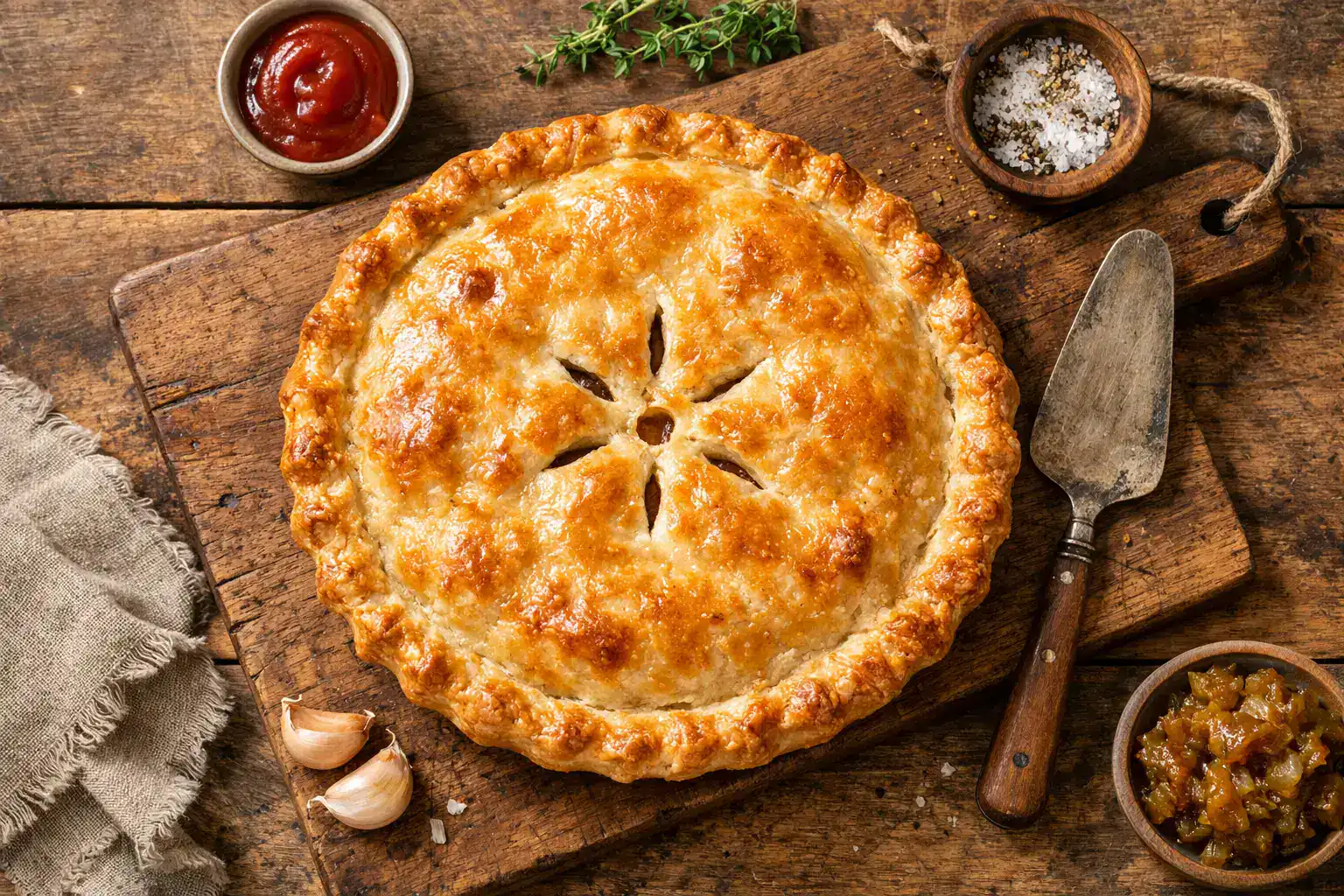 Fresh tourtiere on rustic wooden table - 380 calories per slice