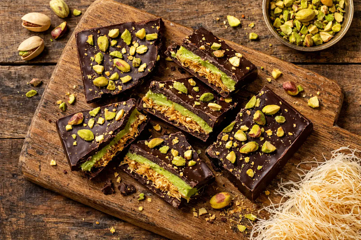 लकड़ी की टेबल पर ताज़ी Trader Joe's दुबई चॉकलेट - प्रति सर्विंग 140 कैलोरी