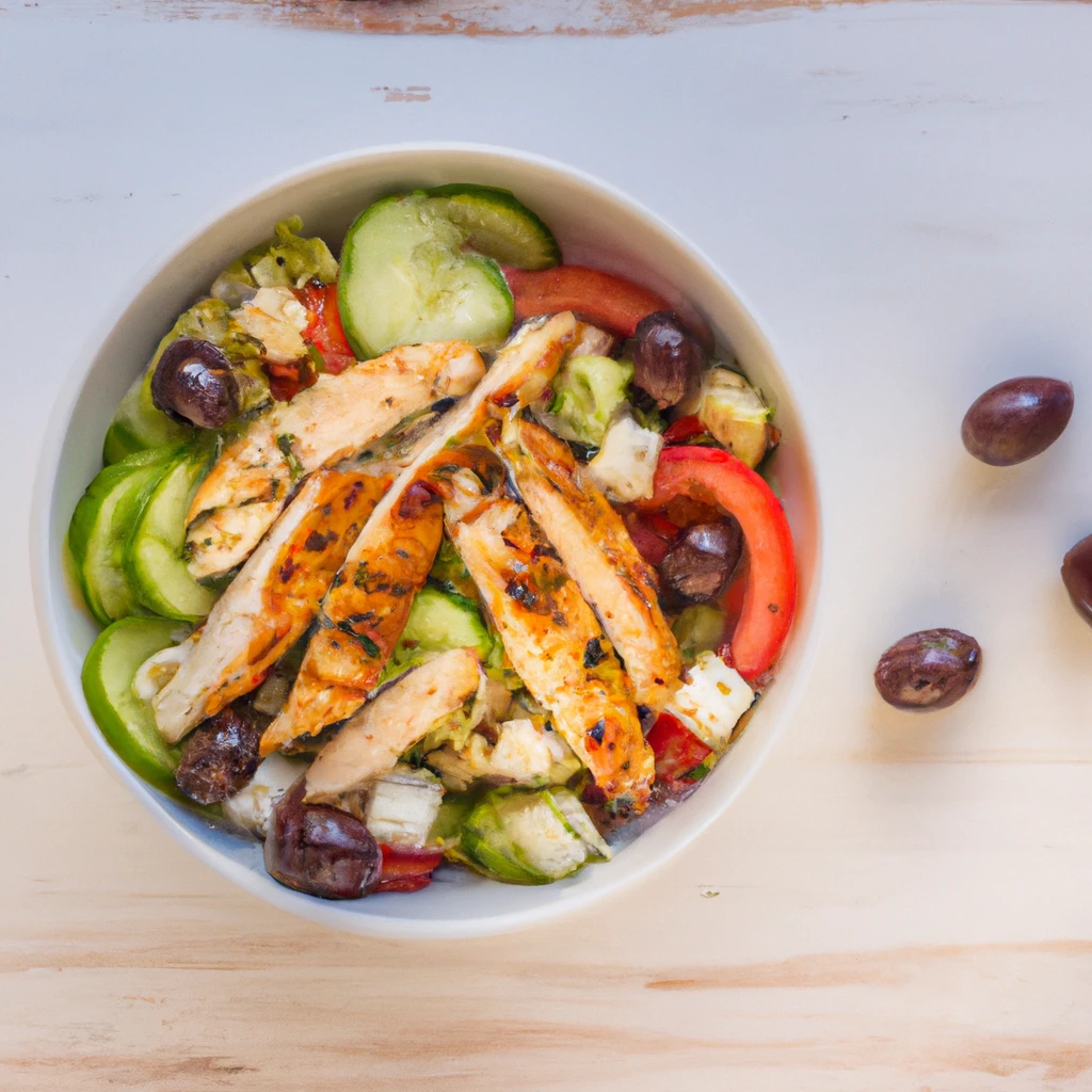 Fresh Trader Joe's Greek Chicken Salad on rustic wooden table - 320 calories per pack