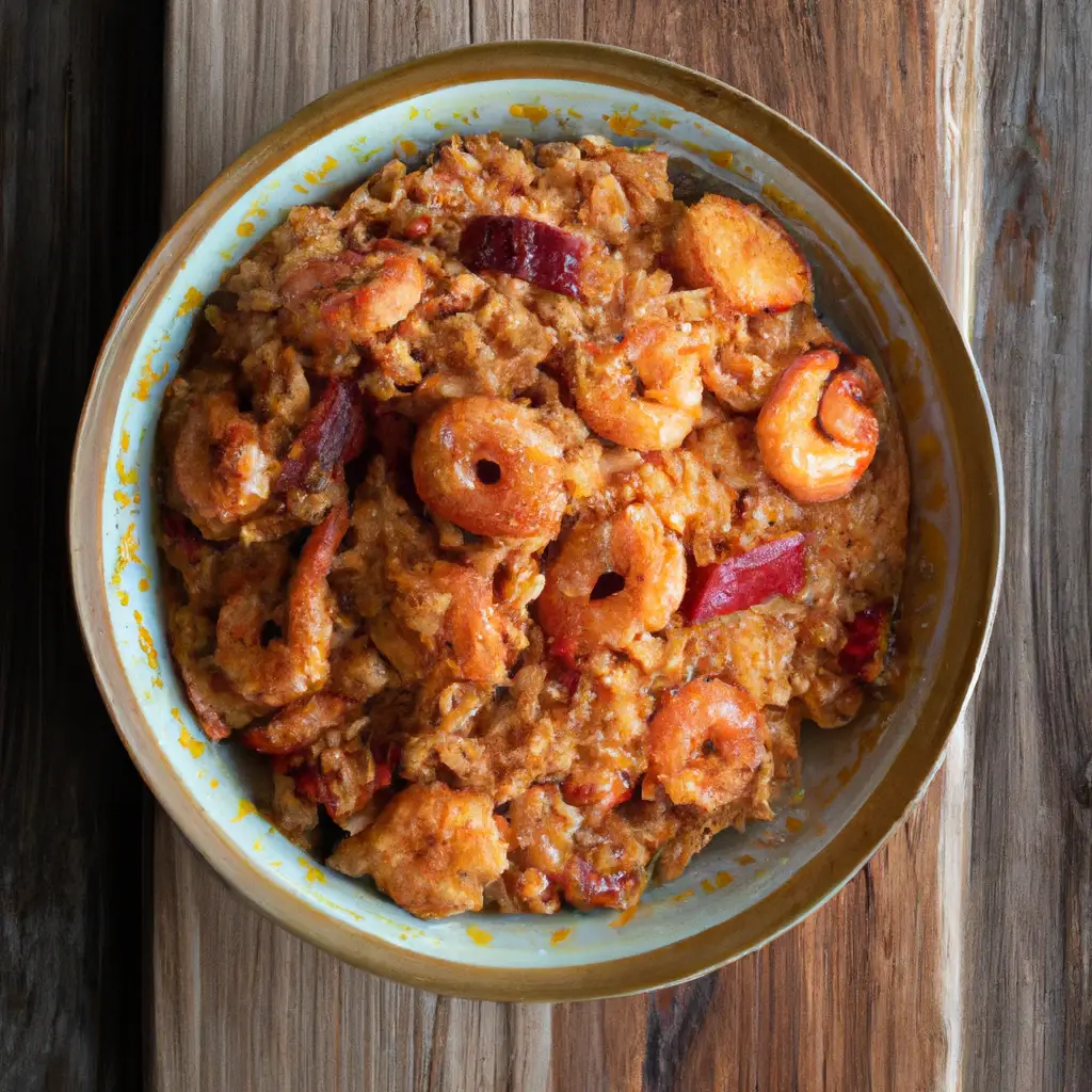 Fresh Trader Joe's jambalaya on rustic wooden table - 360 calories per 1-cup serving
