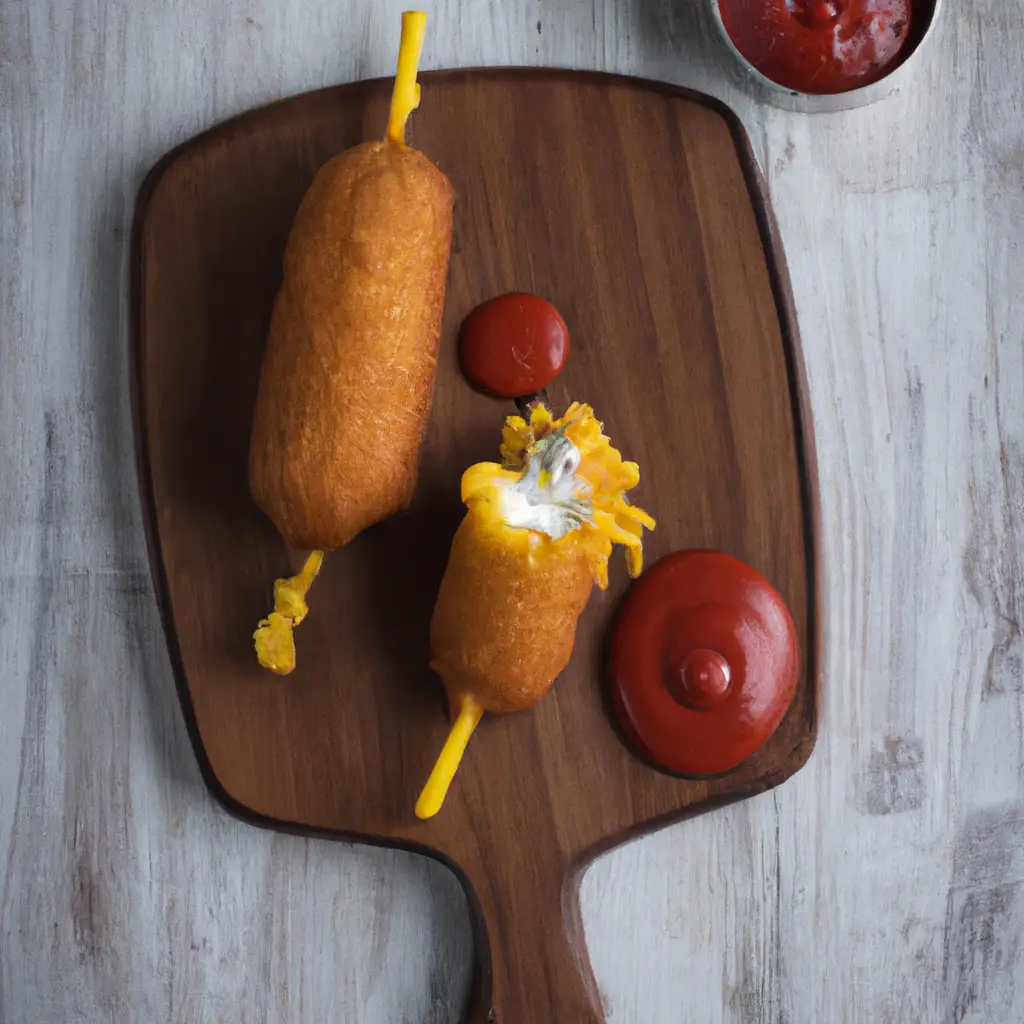 Korean Corn Dog fresco de Trader Joe's sobre mesa de madera rústica - 290 calorías por unidad
