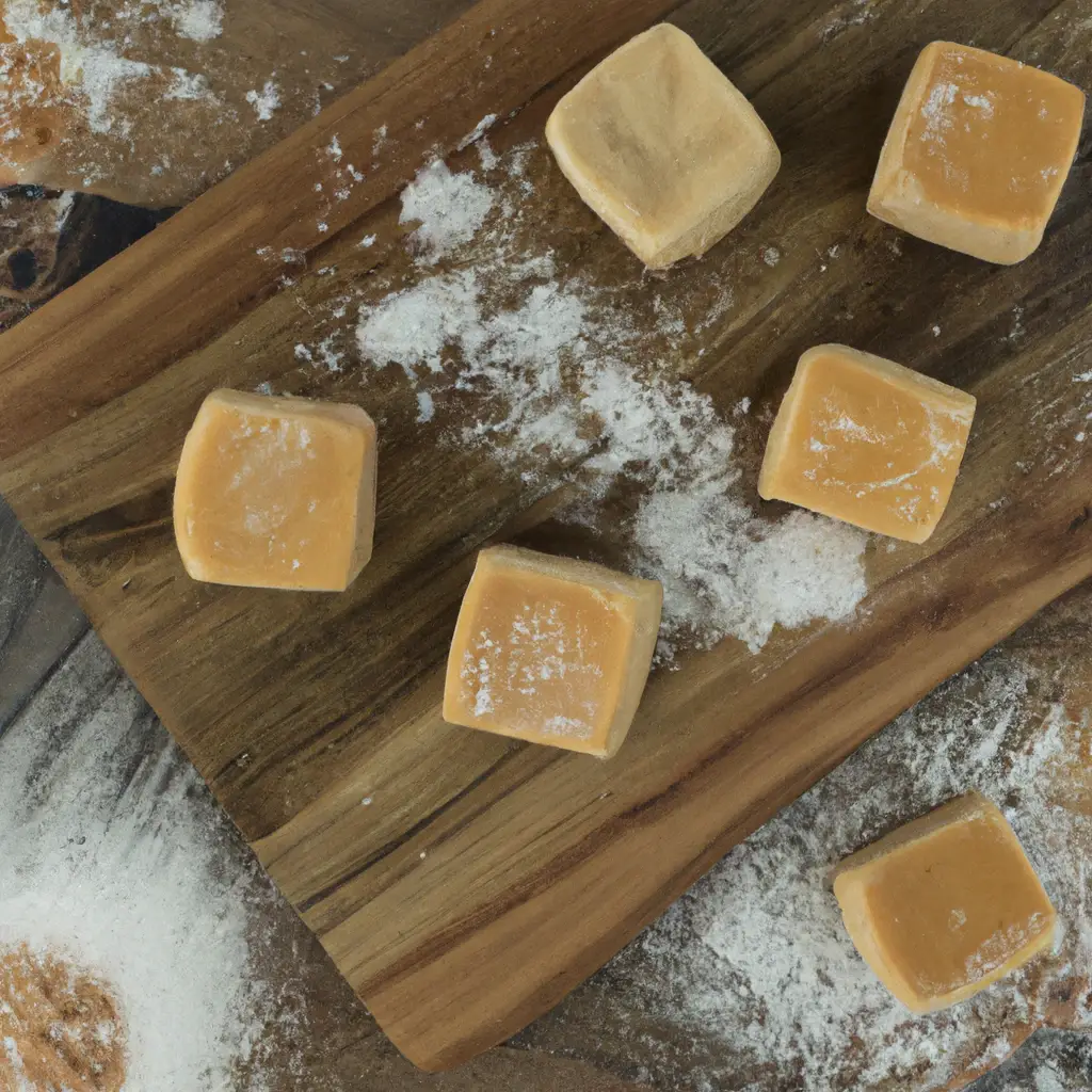 Fresh Trader Joe's Salted Caramel Mochi on rustic wooden table - 110 calories per piece