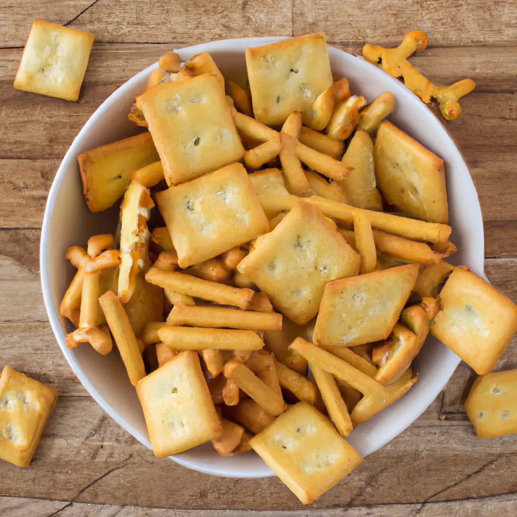 Trader Joe's Snacky Clusters cheese cracker mix on rustic wooden table - 150 calories per 30g serving