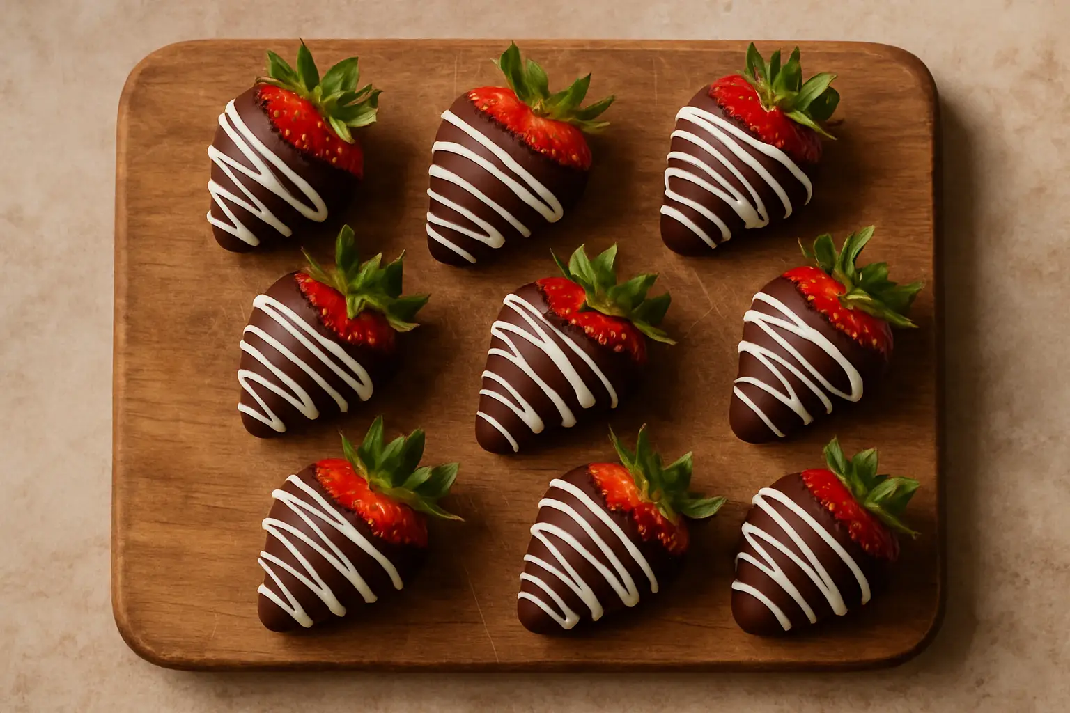 Overhead view of Tru Fru chocolate-covered strawberries with white and dark chocolate coating on a wooden board