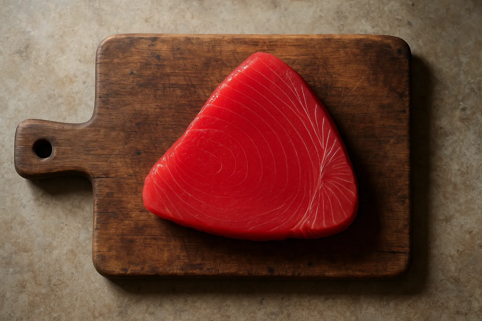 Fresh tuna steak on rustic wooden table - 132 calories per 100g