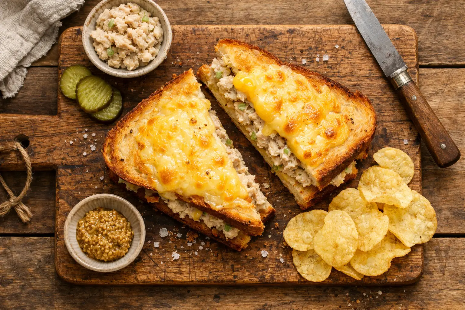 Frisches Tuna Melt Sandwich auf rustikalem Holztisch - 450 Kalorien pro Sandwich