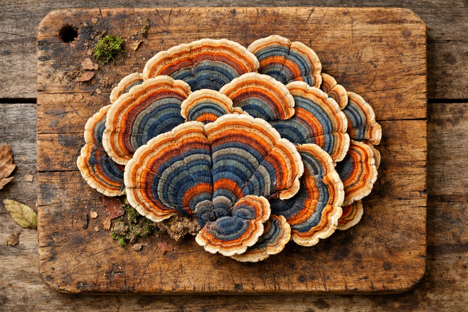 Frischer Turkey Tail Pilz auf rustikalem Holztisch - 333 Kalorien pro 100 g Pulver