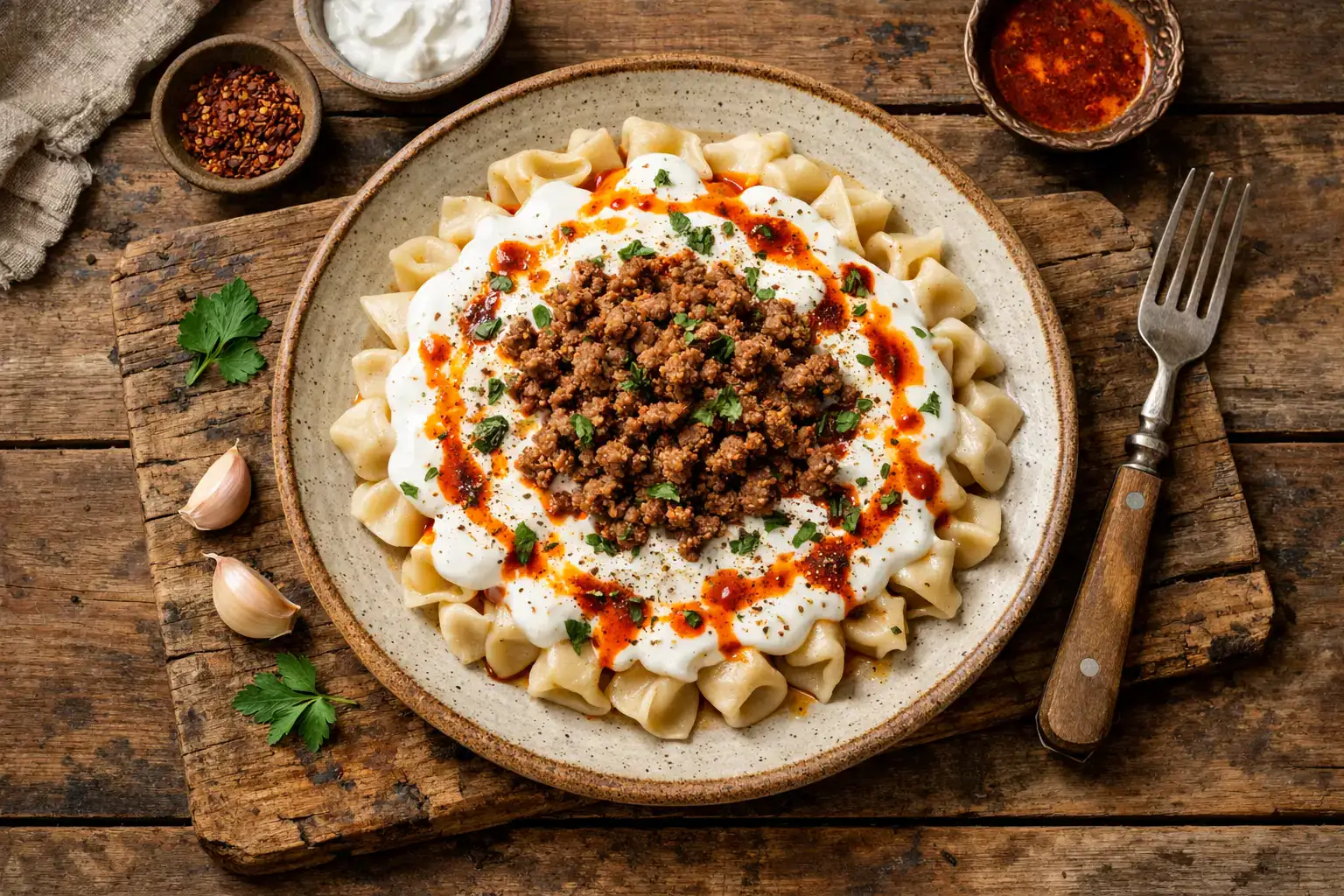 Fresh Turkish pasta with seasoned beef and garlic yogurt sauce - 520 calories per serving