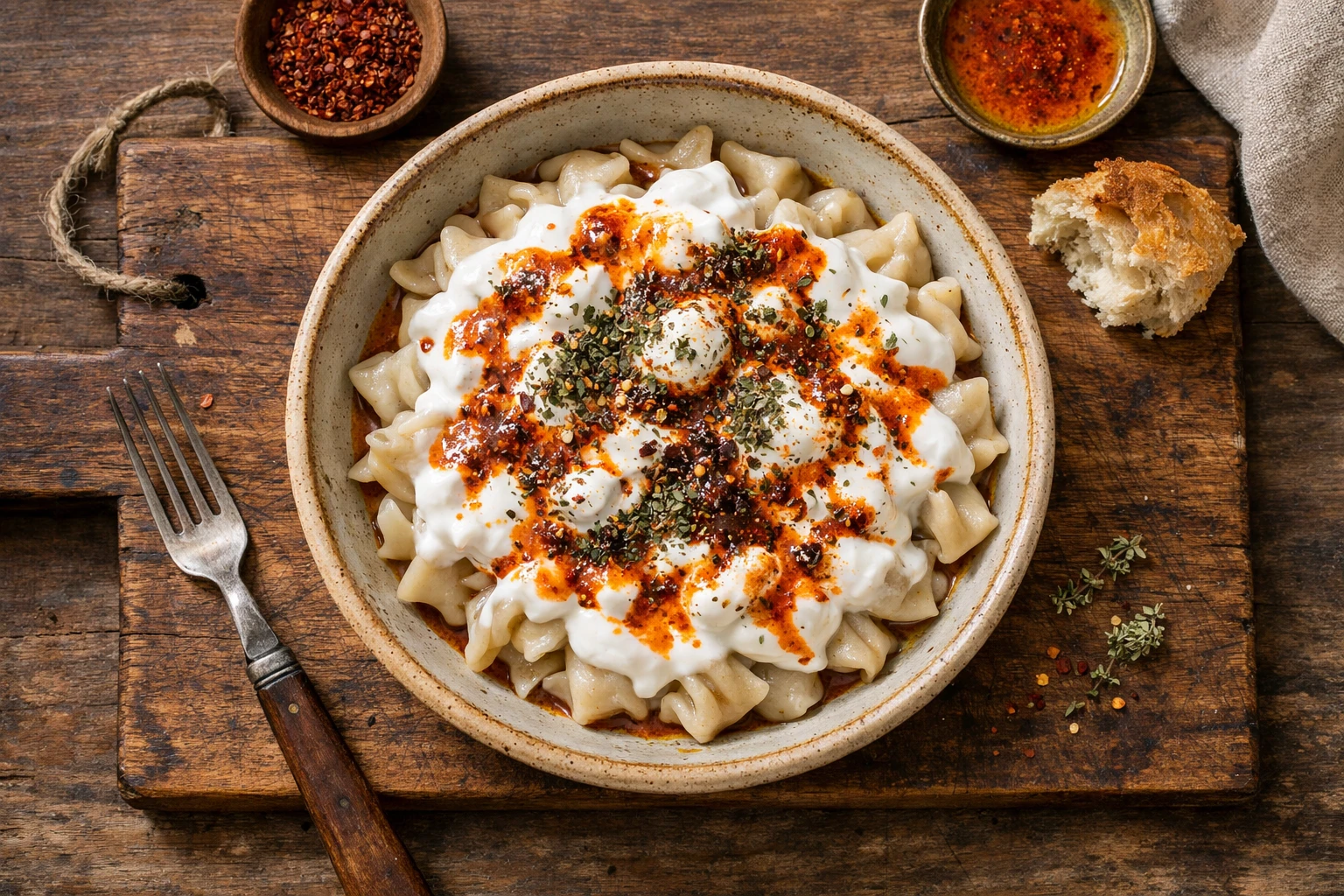 Pasta turca fresca con salsa de yogur y mantequilla de pimentón - 380 calorías por porción