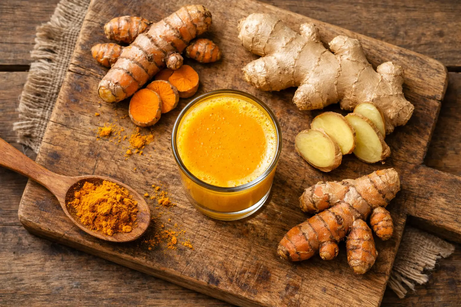 Shot frais curcuma gingembre sur table en bois rustique - 25 calories par shot de 60 ml