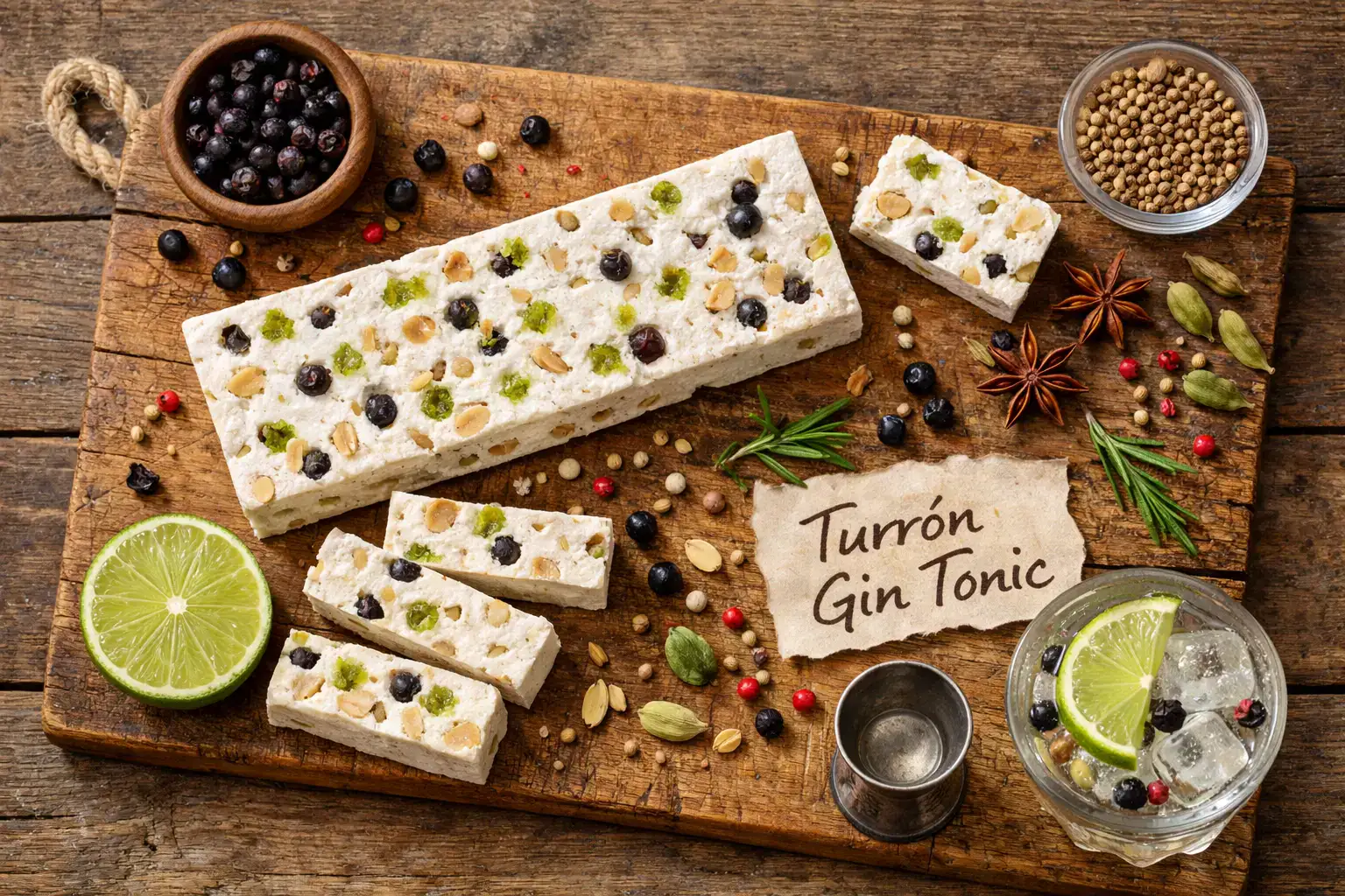 Frischer Turron Gin Tonic auf rustikalem Holztisch - 228 Kalorien pro 50g Portion